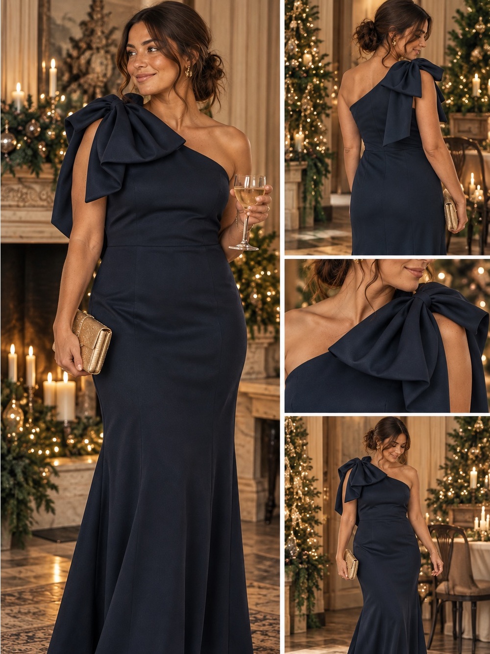 Betsy & Adam Black One Shoulder Dramatic Bow Formal Gown Maxi Dress Size 8